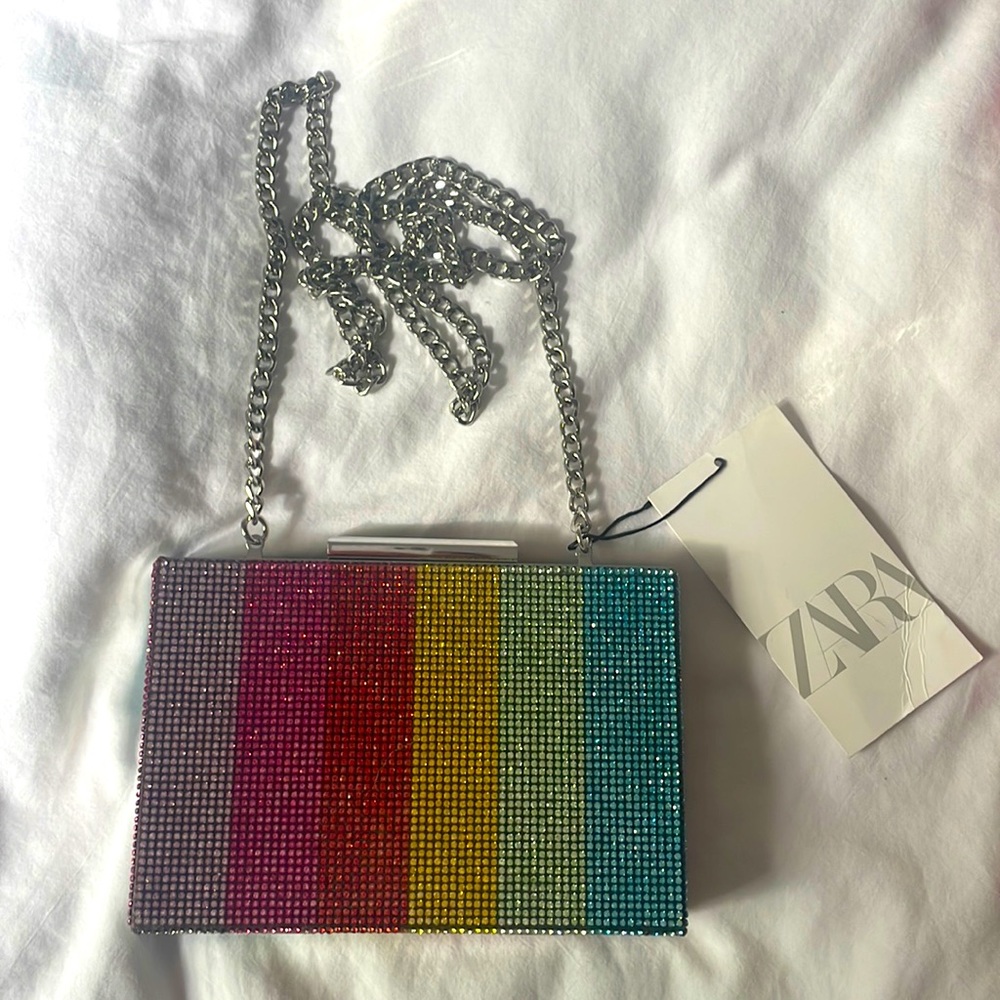 Zara Rainbow Rhinestone Purse / Clutch with silver chain shoulder strap. New!